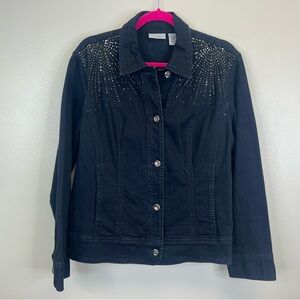 Chico's L/2 Dark Blue Denim Jean Jacket Rhinestones Pockets Glam Rodeo Cowgirl
